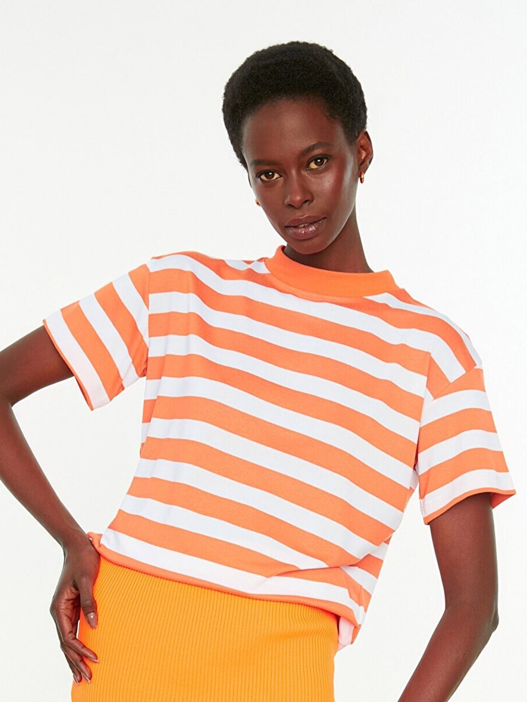 

Trendyol Women Striped Drop-Shoulder Sleeves T-shirt, Orange