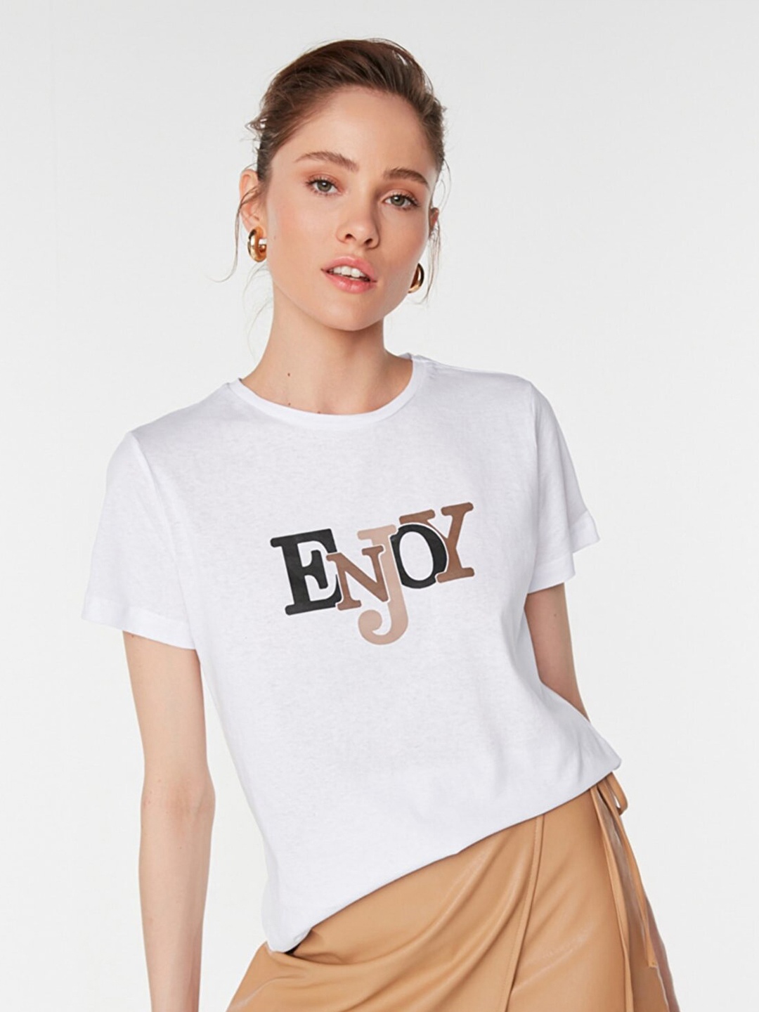 

Trendyol Women Typography Printed Pure Cotton T-shirt, White