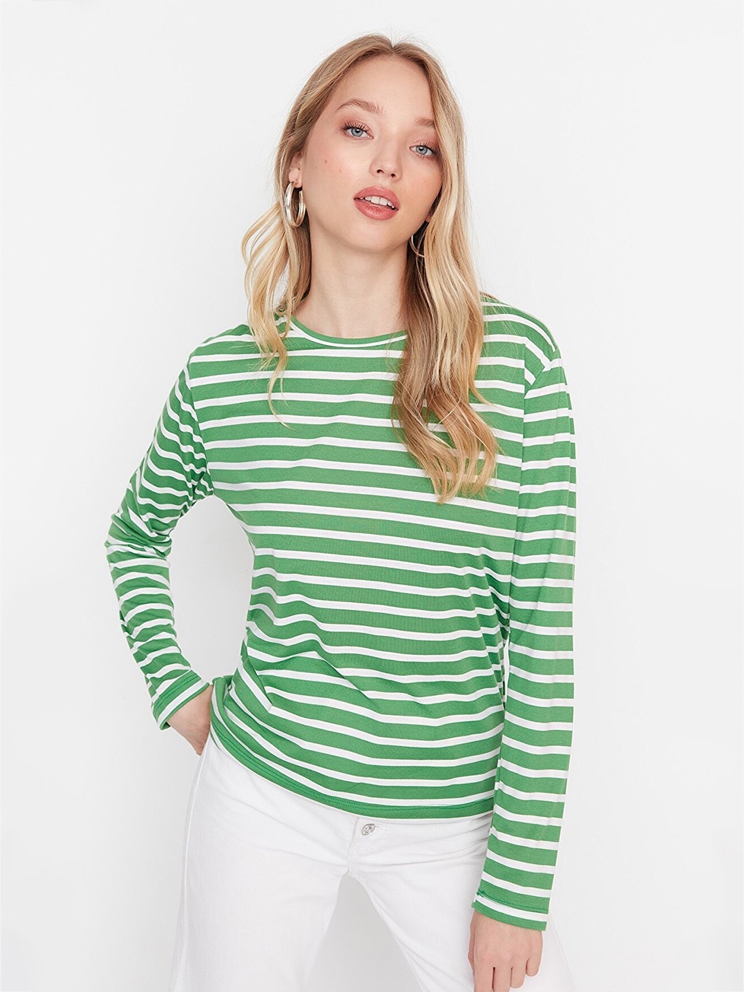 

Trendyol Women Striped Round Neck T-shirt, Green
