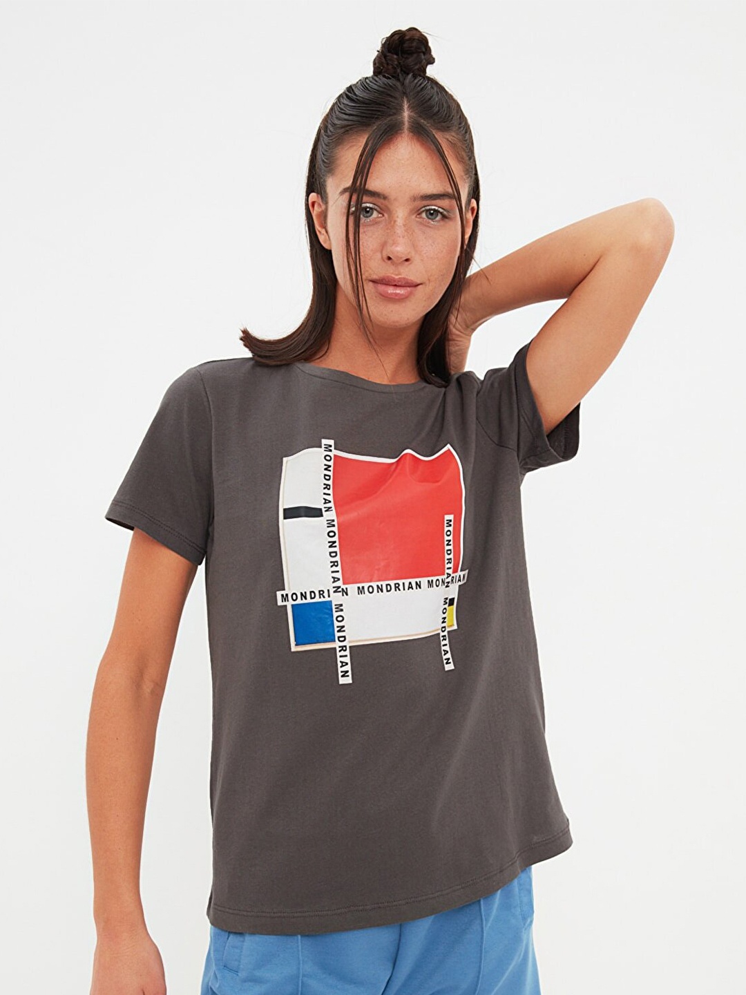 

Trendyol Women Graphic Printed Pure Cotton T-shirt, Charcoal