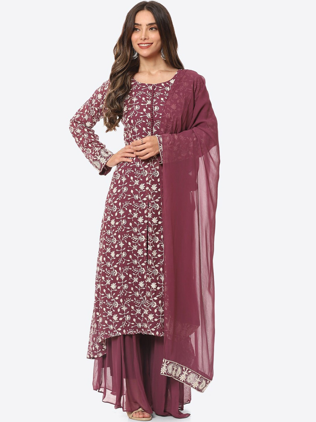 

Meena Bazaar Floral Embroidered Kurta with Palazzos & Dupatta, Mauve
