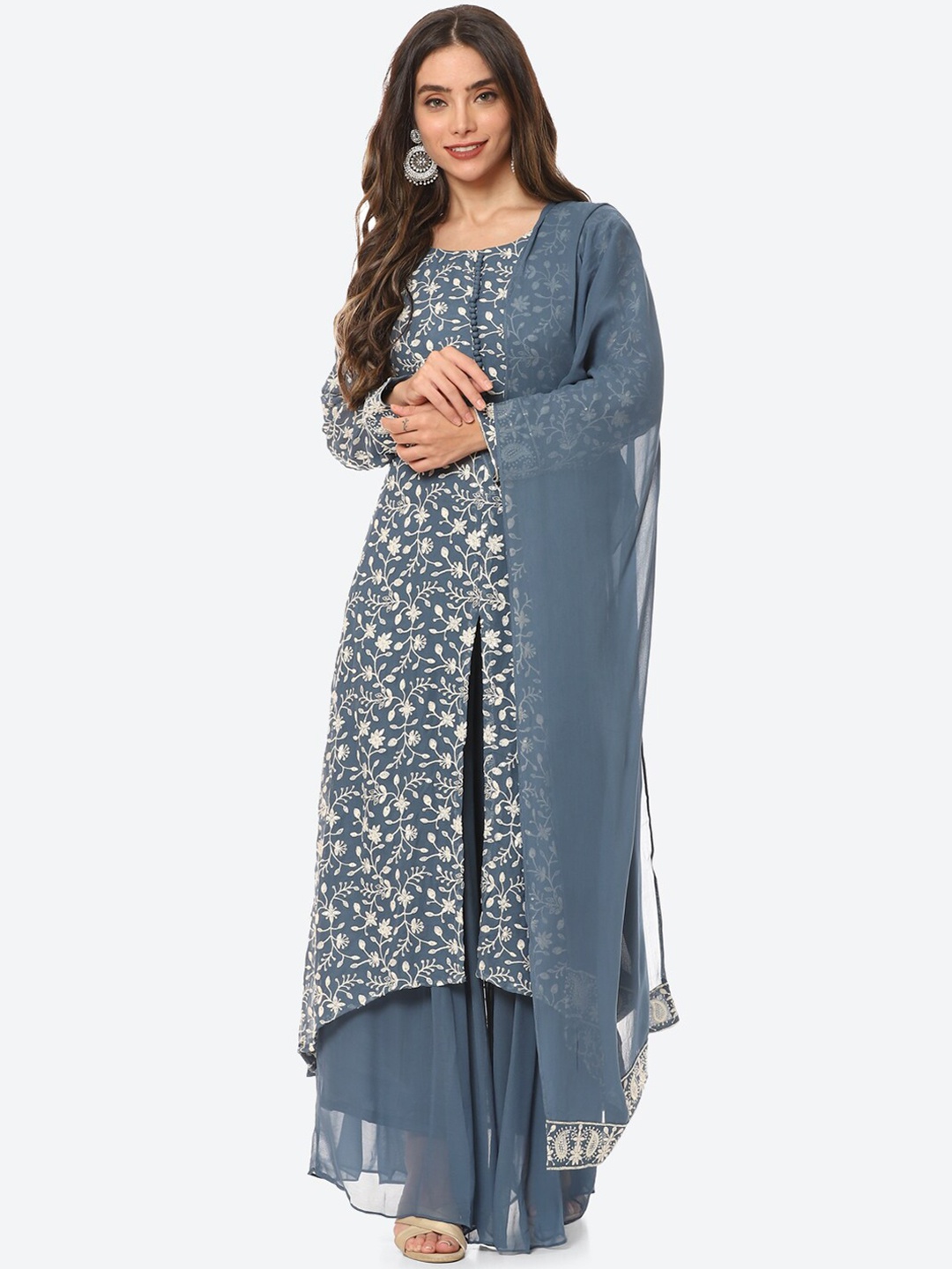 

Meena Bazaar Women Floral Embroidered Round Neck Thread Work Kurta with Palazzos & Dupatta, Grey