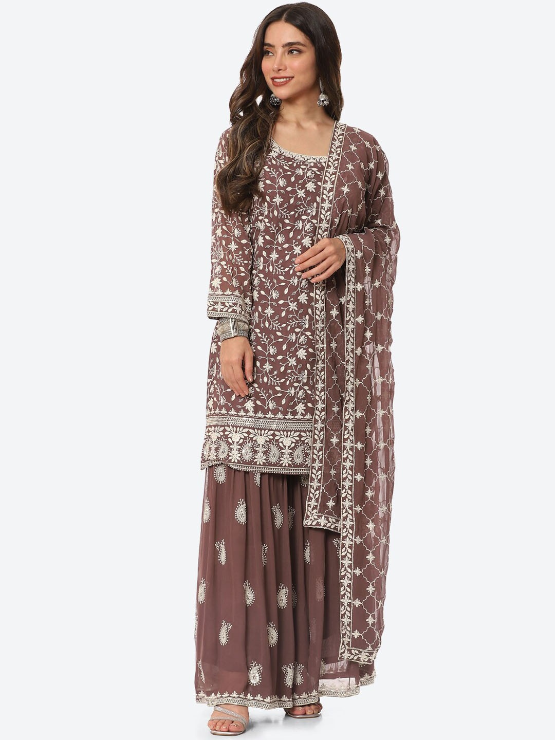 

Meena Bazaar Floral Embroidered Thread Work Kurta with Sharara & Dupatta, Brown