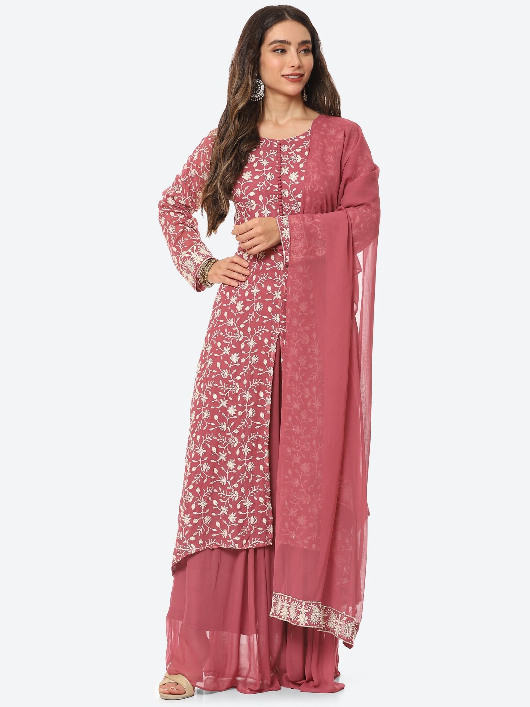 

Meena Bazaar Floral Embroidered Thread Work Kurta with Palazzo & With Dupatta, Mauve