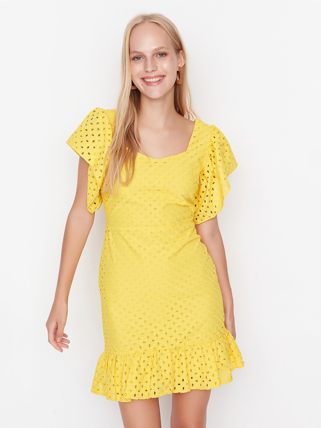 

Trendyol Self Design Flared Sleeves A-Line Dress, Yellow