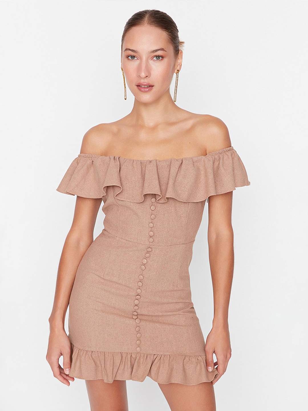 

Trendyol Off-Shoulder Sheath Mini Dress, Camel brown