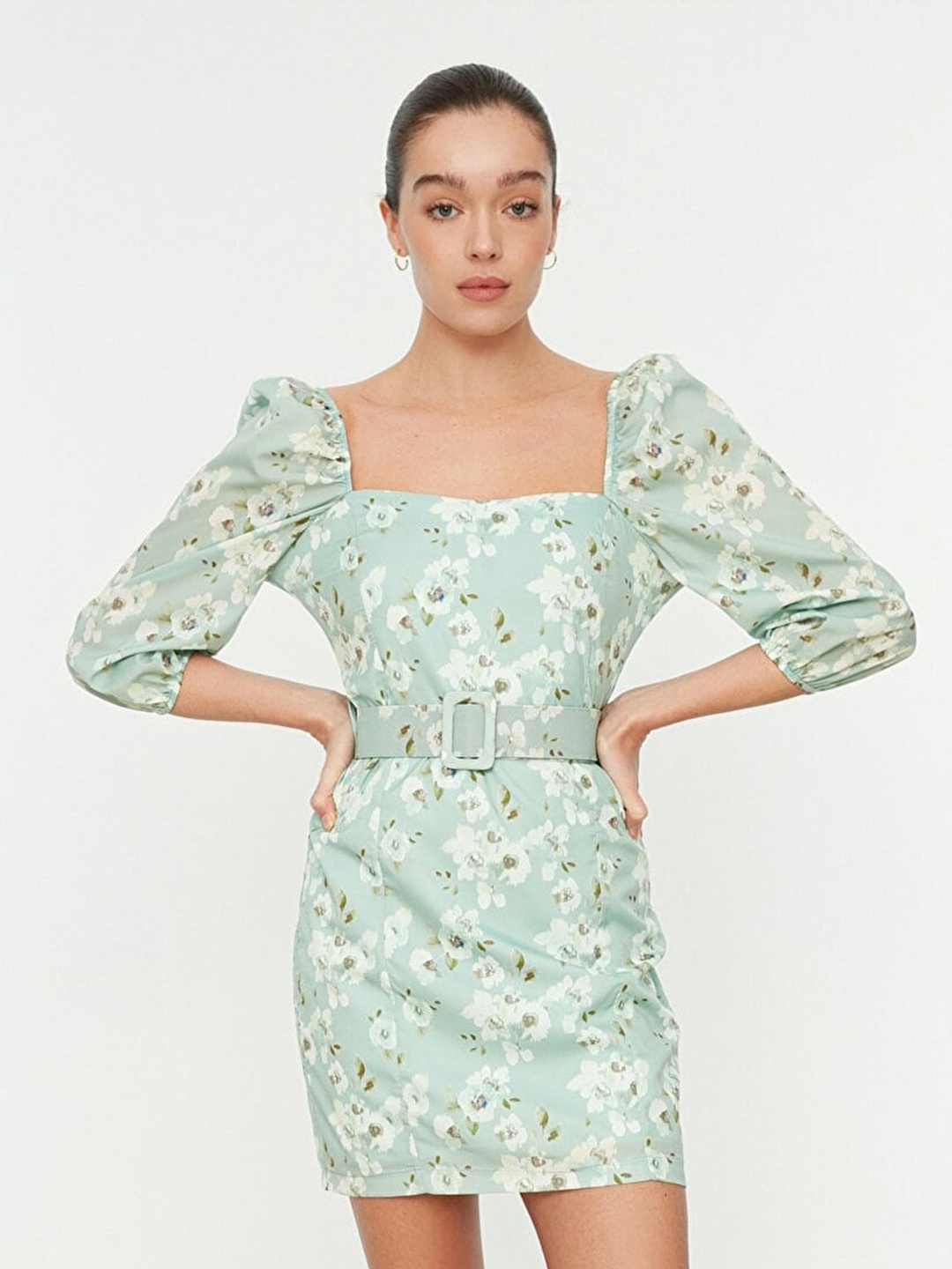 

Trendyol Floral Printed Puff Sleeves Sheath Mini Dress, Sea green