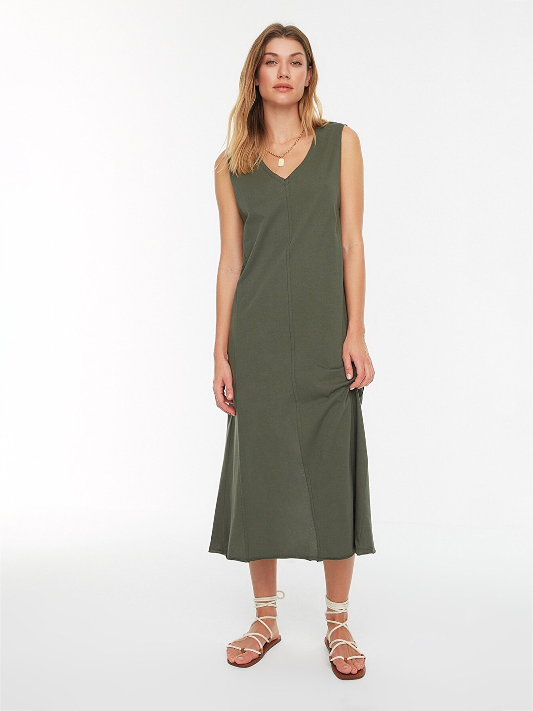 

Trendyol V-Neck A-Line Midi Pure Cotton A-Line Dress, Olive