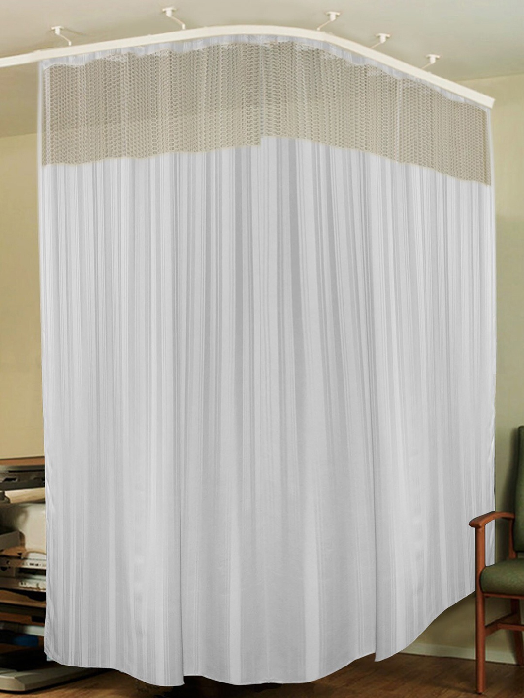 

Lushomes White Striped Self Design Water Proof Hospital Curtain