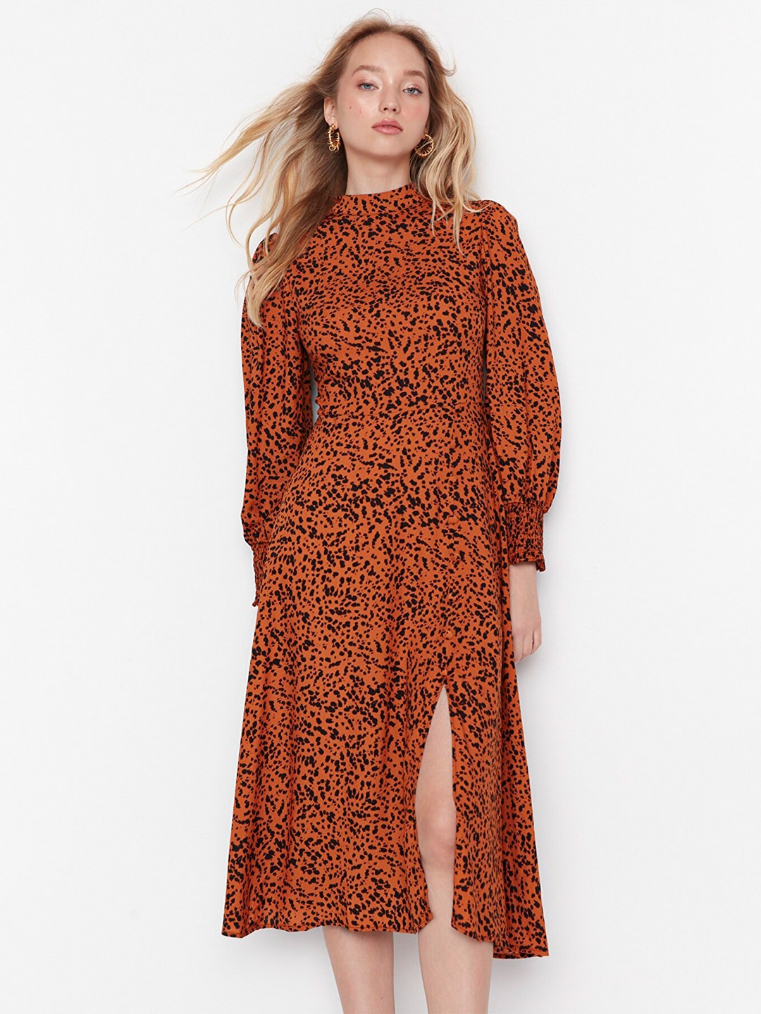 

Trendyol Mock Neck A-Line Midi Dress, Camel brown