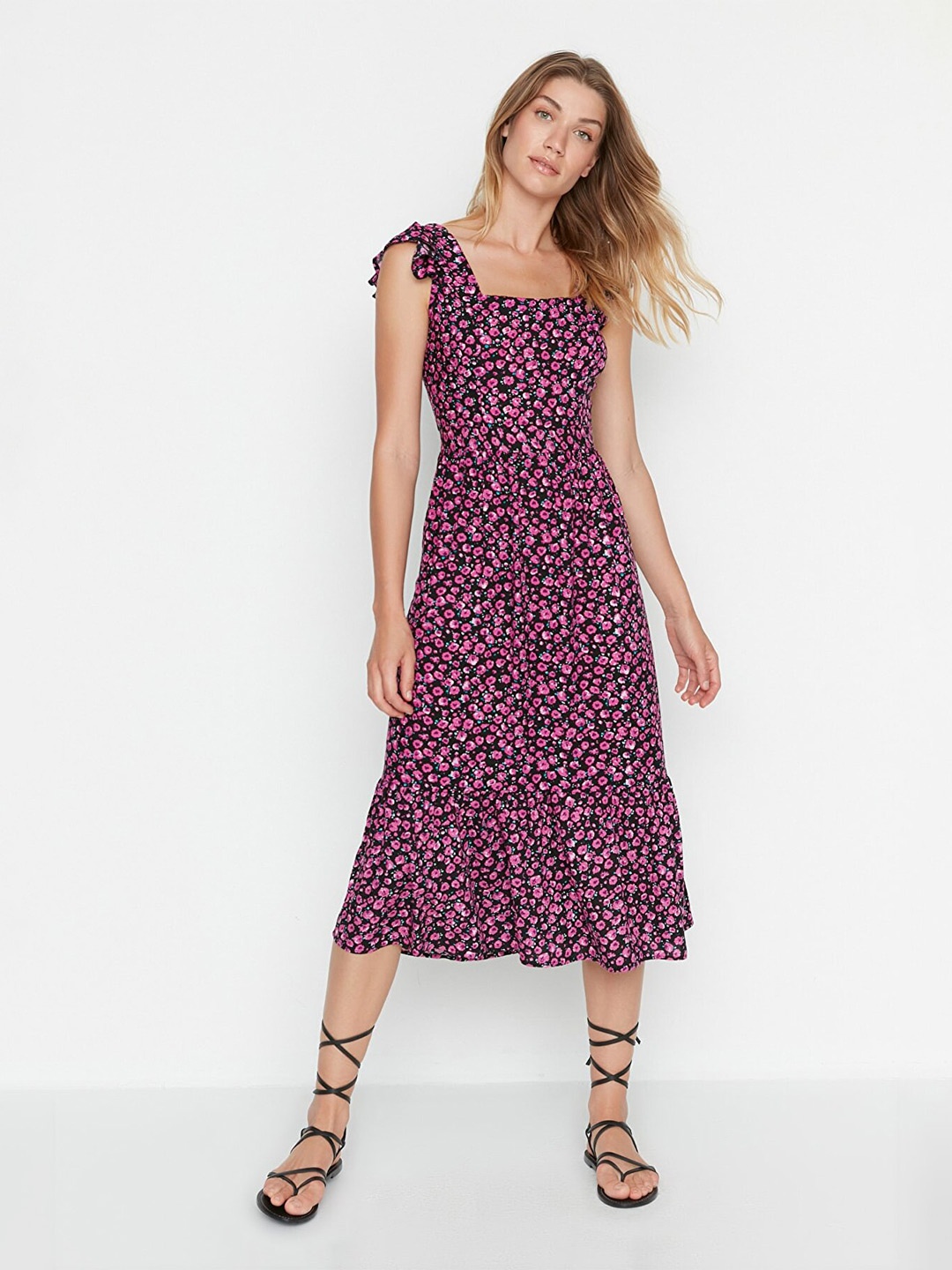 

Trendyol Floral Printed Square Neck Midi Dress, Black