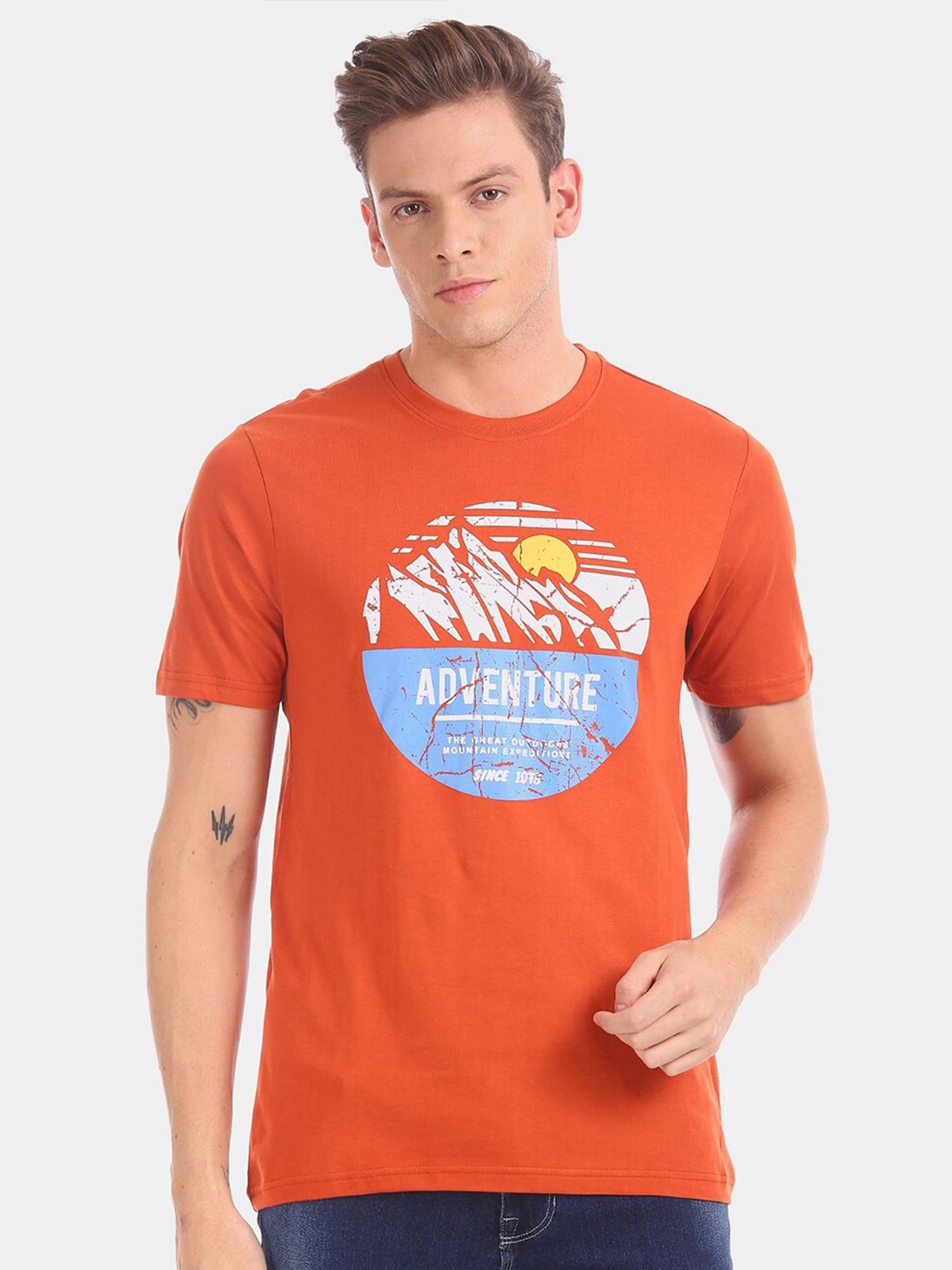 

V-Mart Men Printed Cotton T-shirt, Orange