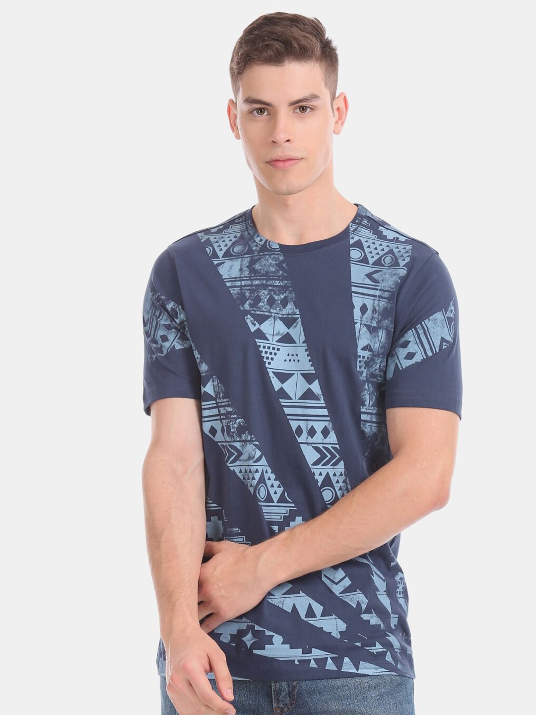 

V-Mart Men Printed Round Neck Cotton T-shirt, Navy blue