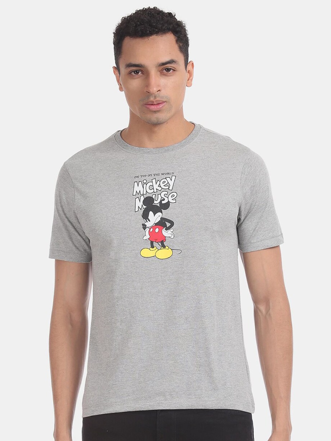 

V-Mart Men Typography Mickey Mouse Printed Cotton T-shirt, Grey