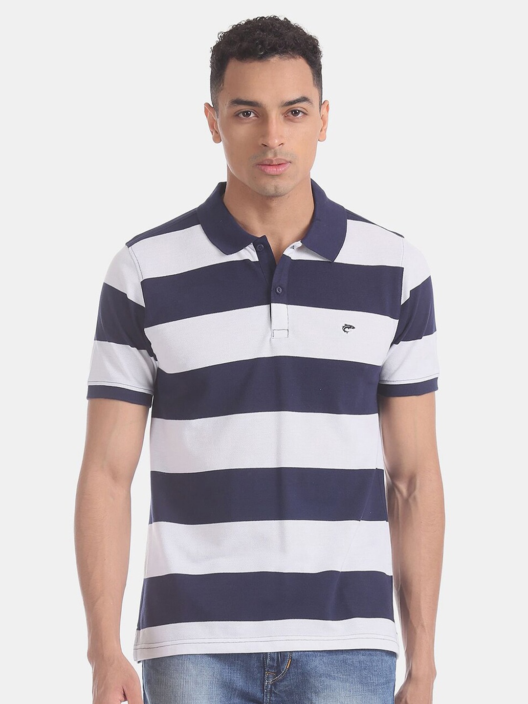 

V-Mart Men Striped Polo Collar Cotton T-shirt, Navy blue