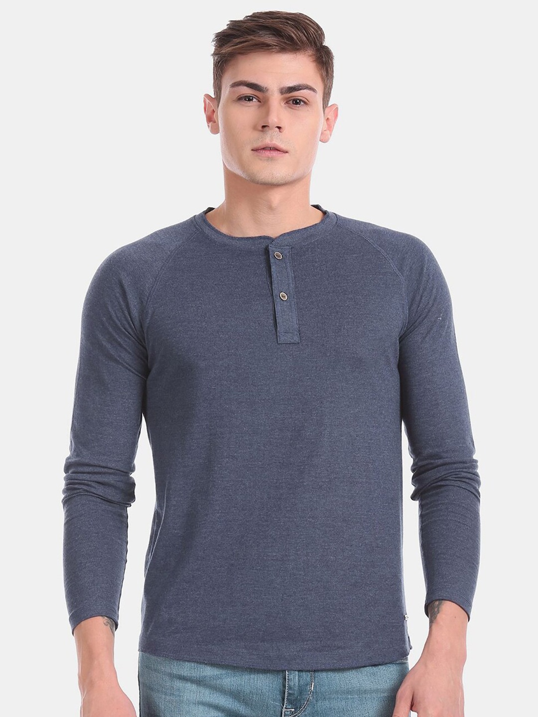 

V-Mart Men Henley Neck Cotton T-shirt, Navy blue