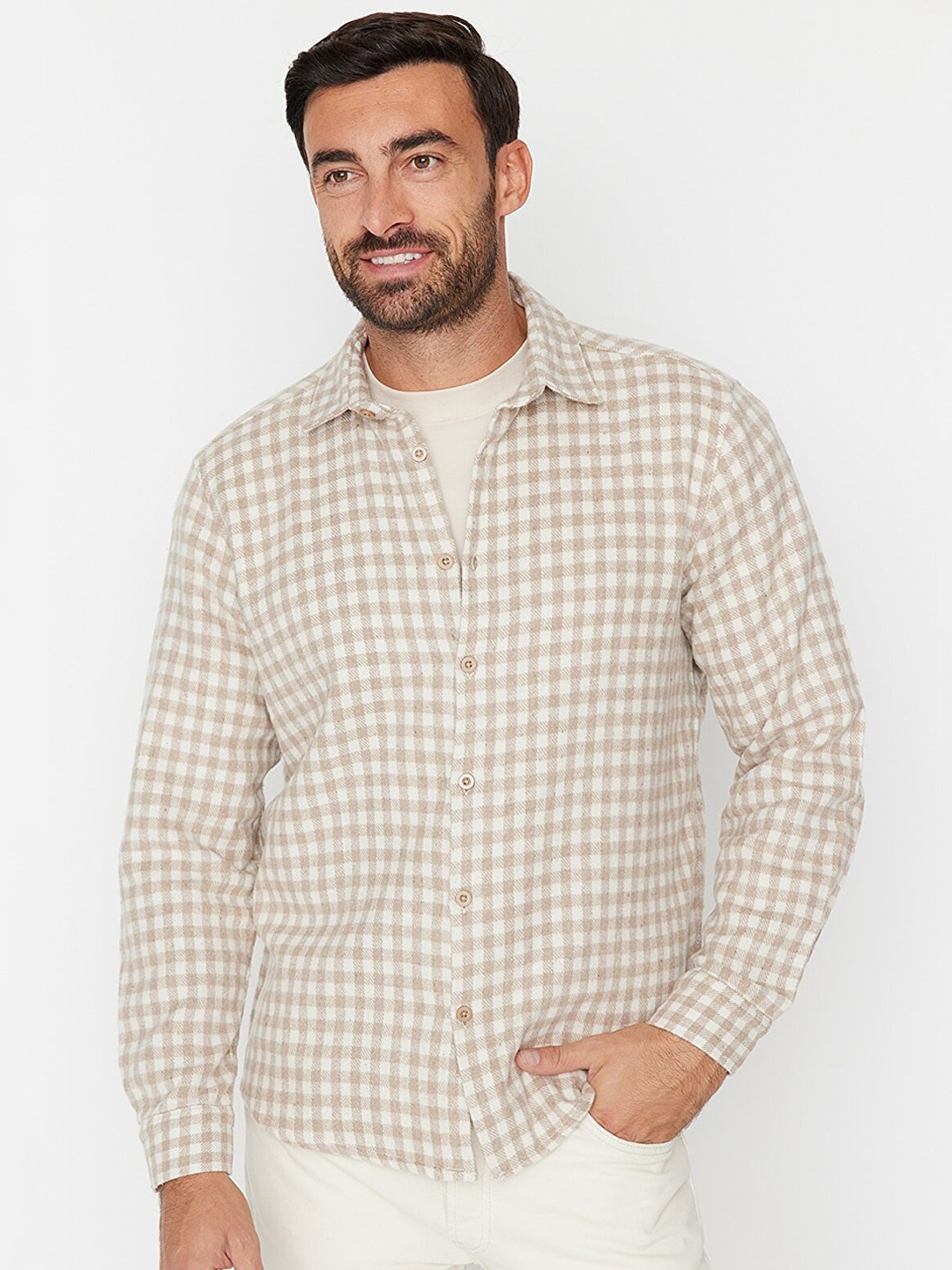 

Trendyol Men Checked Casual Cotton Shirt, Beige