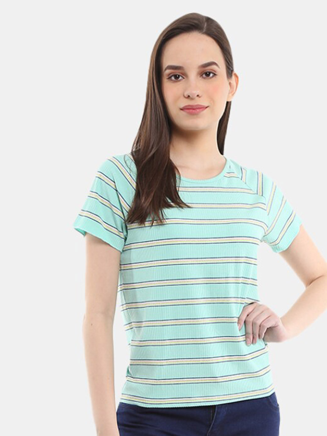 

V-Mart Women Striped Cotton T-shirt, Turquoise blue