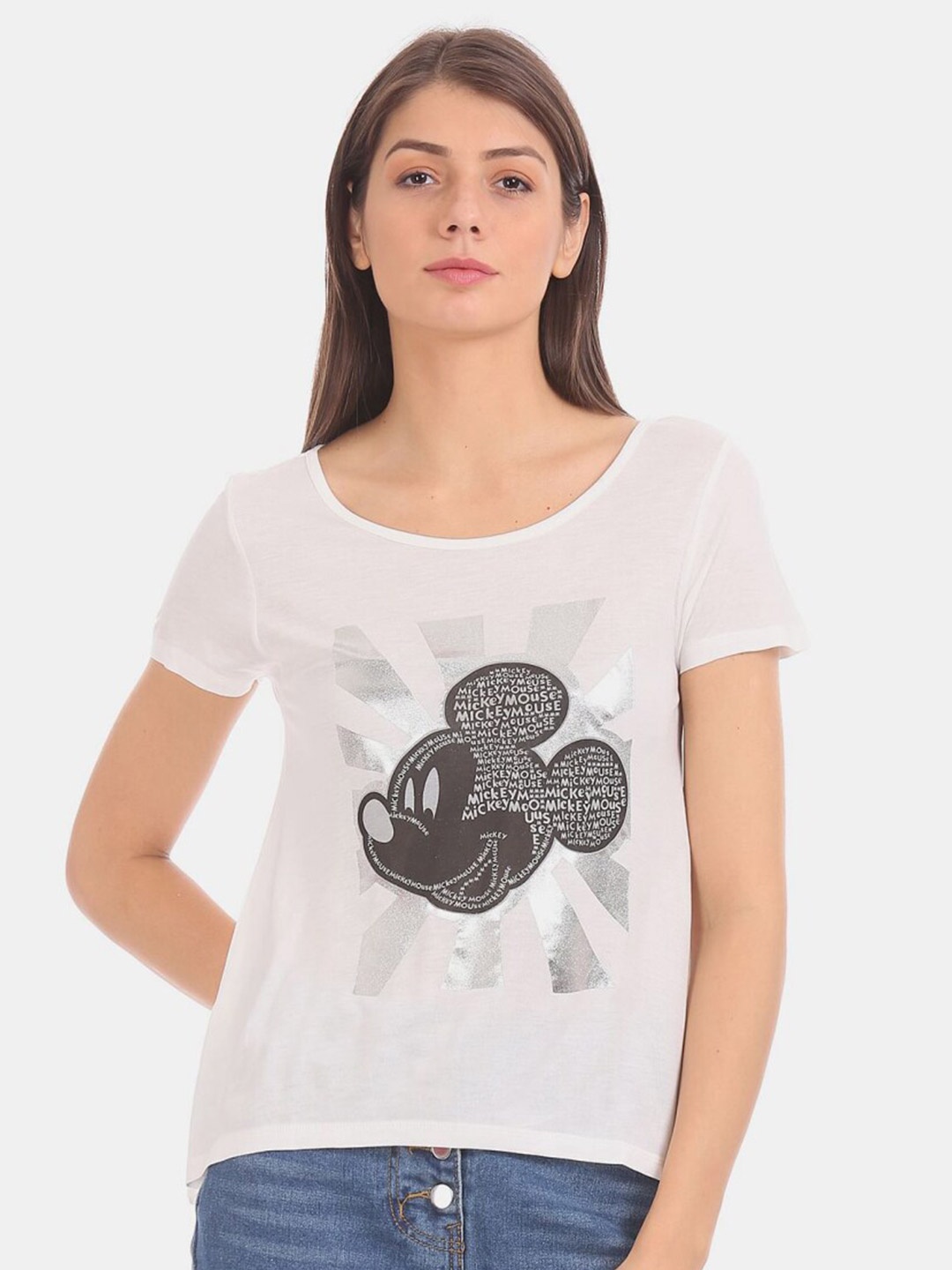 

V-Mart Women Mickey Mouse Printed Extended Sleeves Cotton T-shirt, White