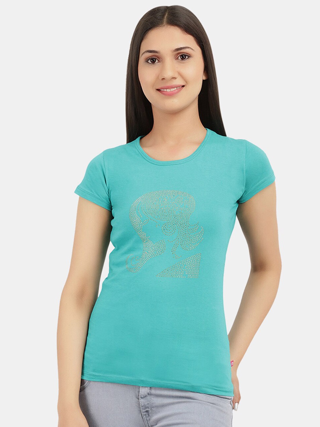 

V-Mart Women Pack Of 2 Printed round Neck Short Sleeve Cotton T-shirt, Turquoise blue