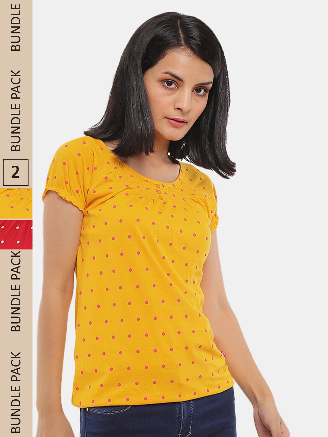 

V-Mart Women Pack of 2 Printed Cotton T-shirt, Mustard
