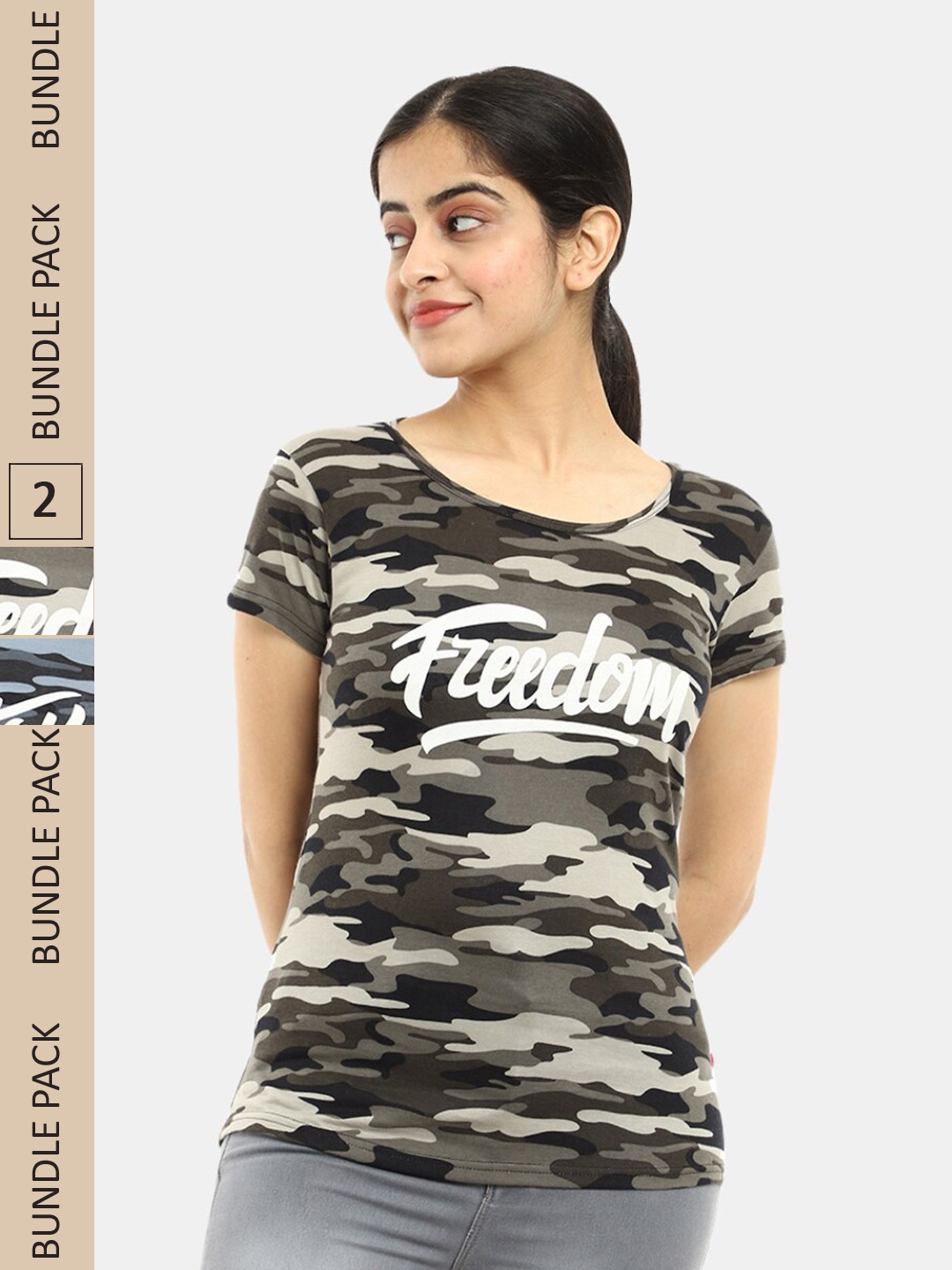 

V-Mart Women Pack Of 2 Camouflage Printed Cotton T-shirt, Green