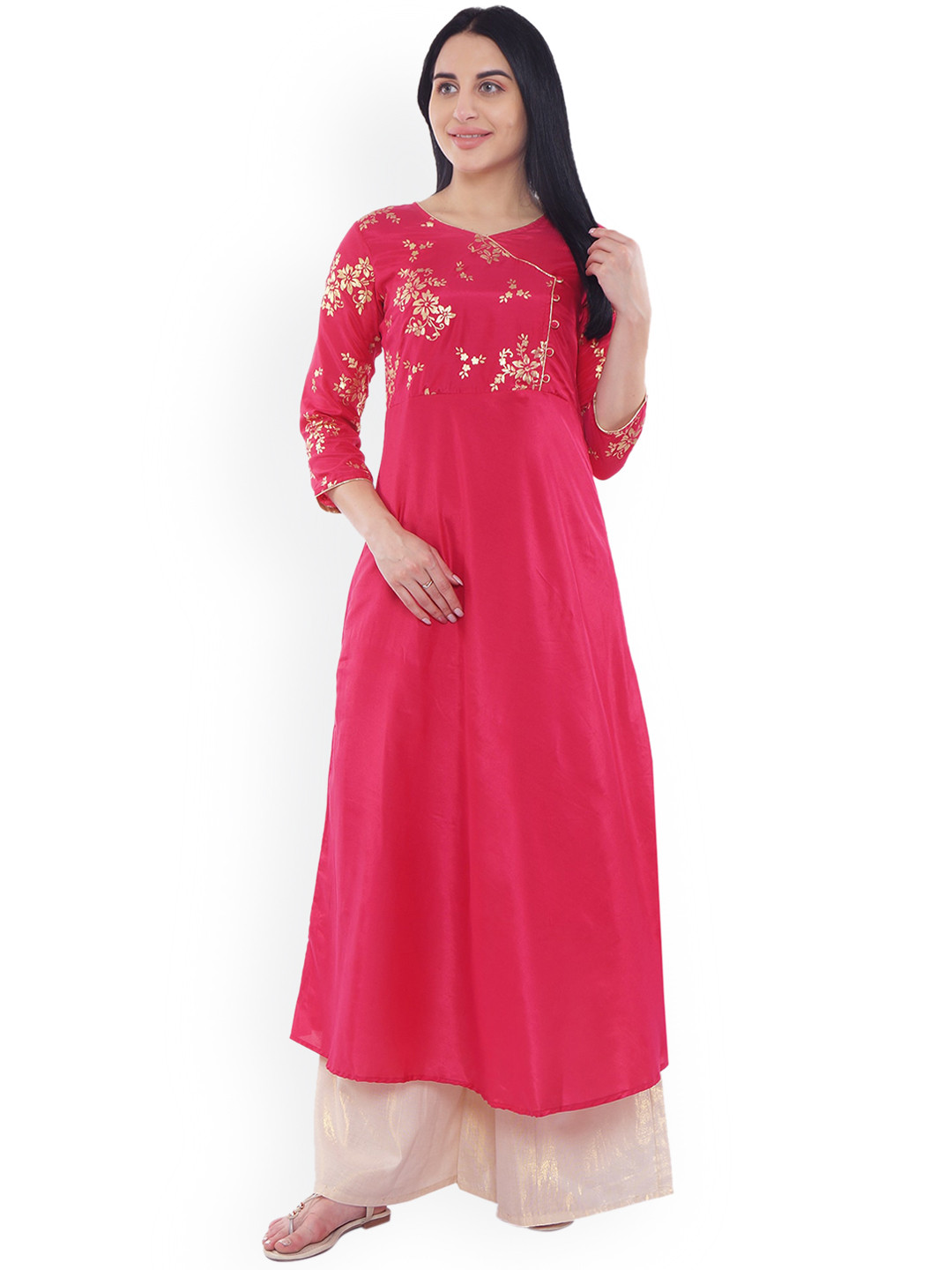 

Be Indi Women Floral Printed Angrakha A-Line Kurta, Pink