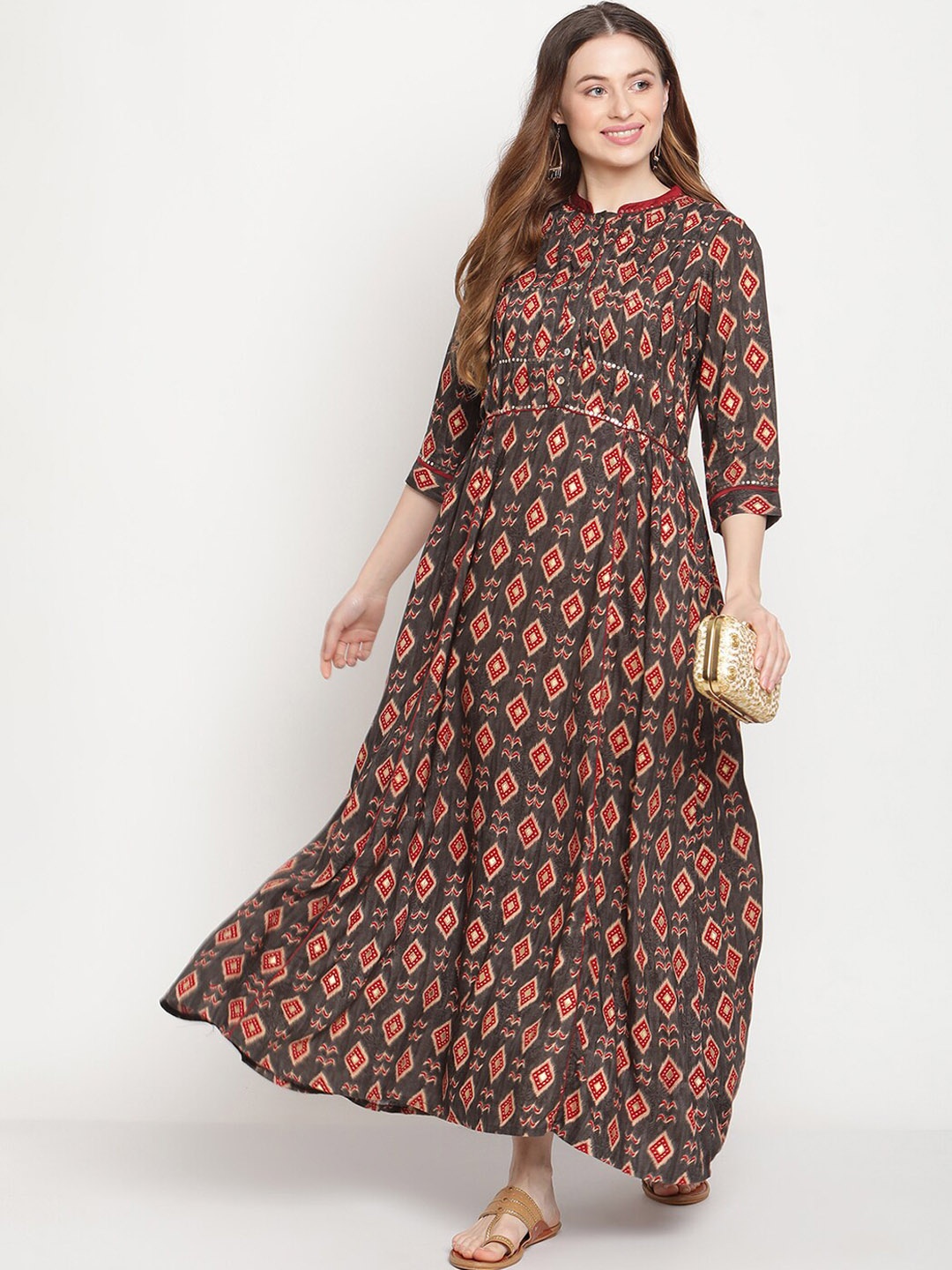 

Be Indi Women Ethnic Printed Flared Maxi Dress, Grey
