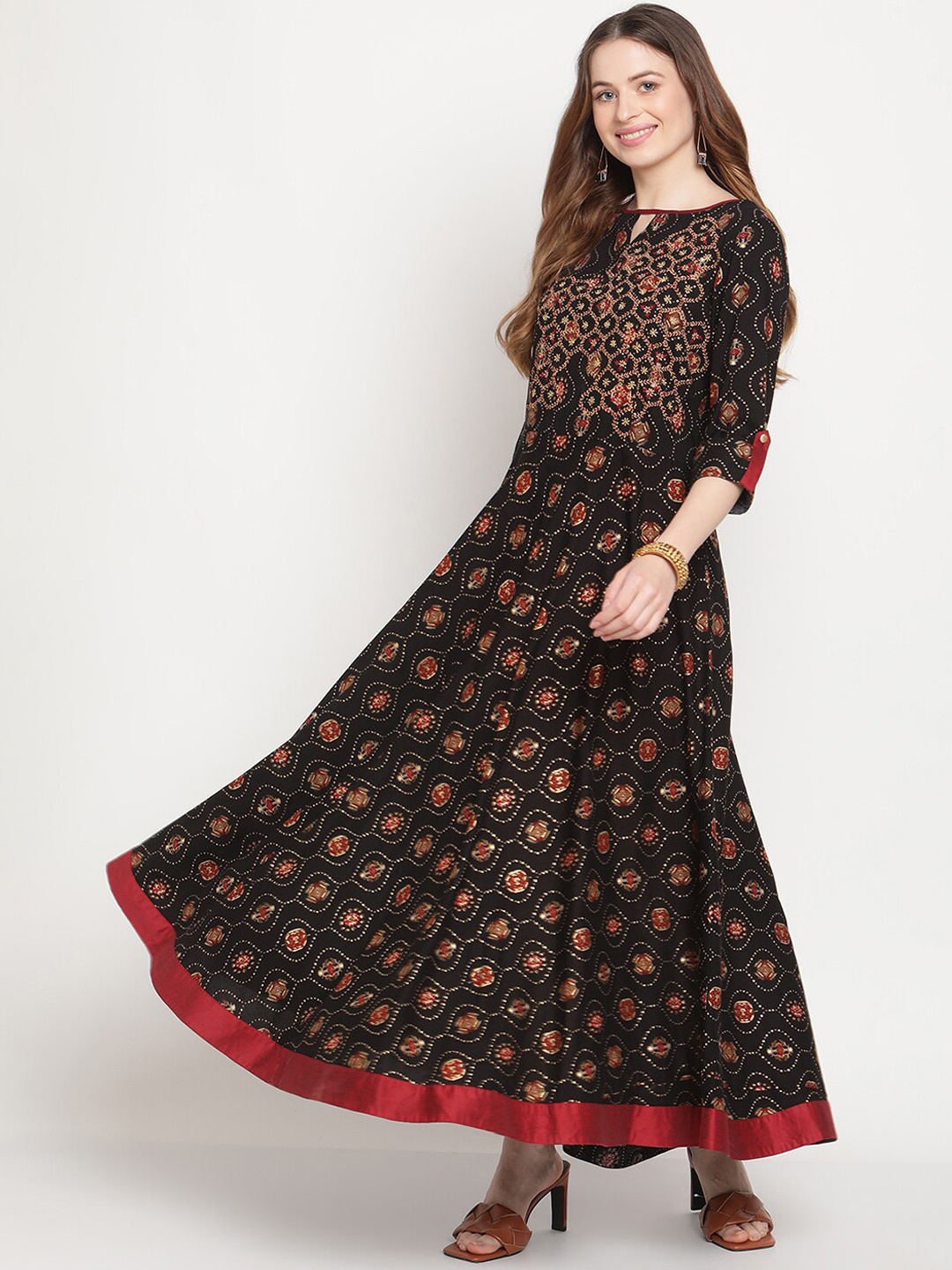 

Be Indi Ethnic Printed Notch Neck Embroidered Detail Flared Maxi Dress, Black