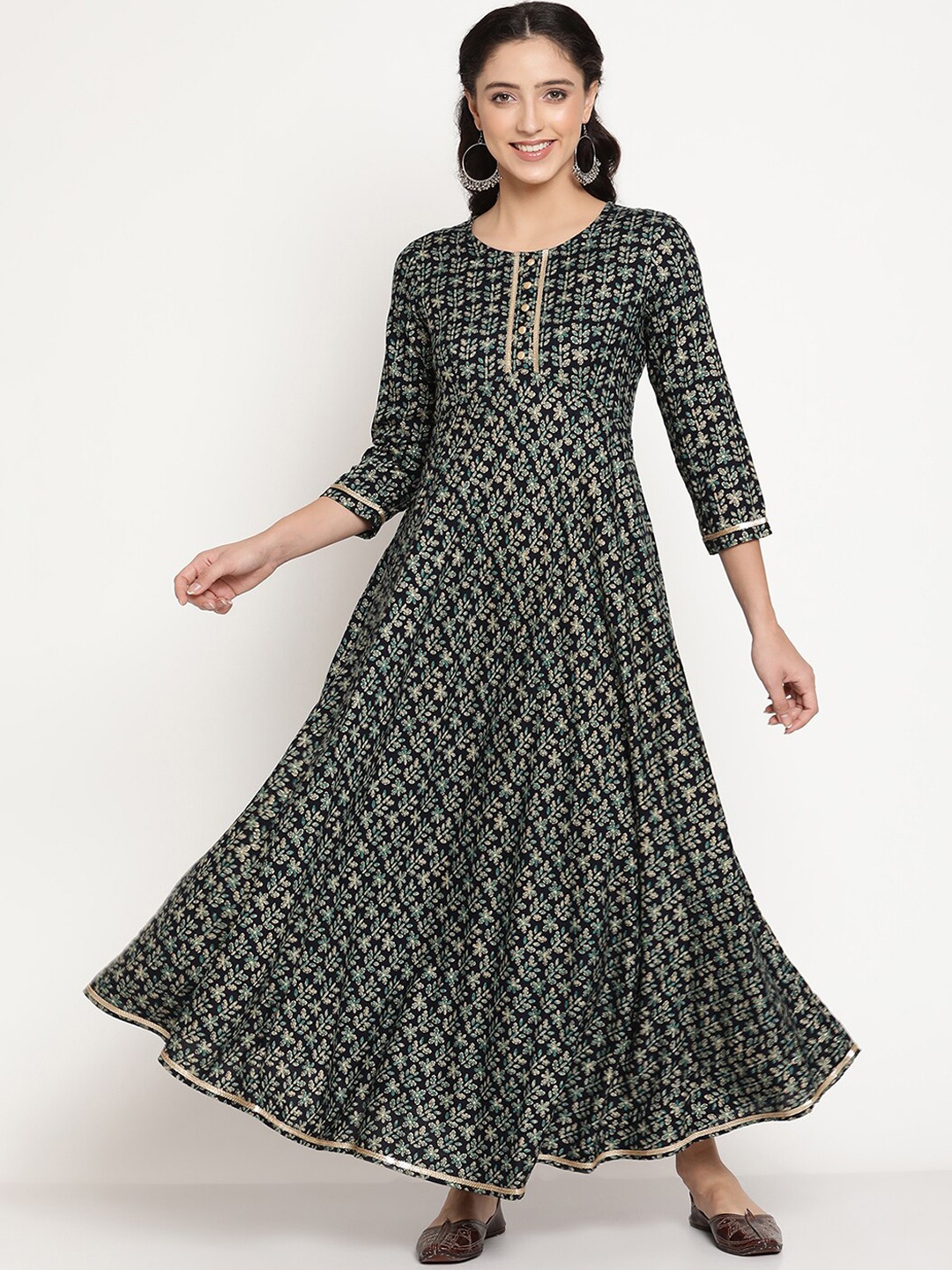 

Be Indi Women Ethnic Motifs Printed Flared Maxi Ethnic Dress, Navy blue