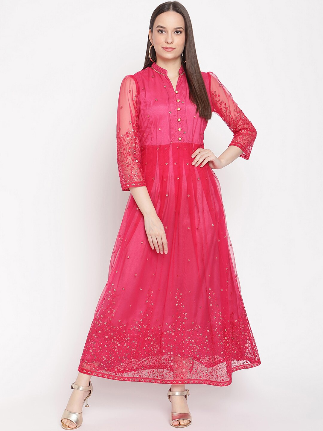 

Be Indi Floral Embellished Georgette Net Maxi Ethnic Dress, Pink