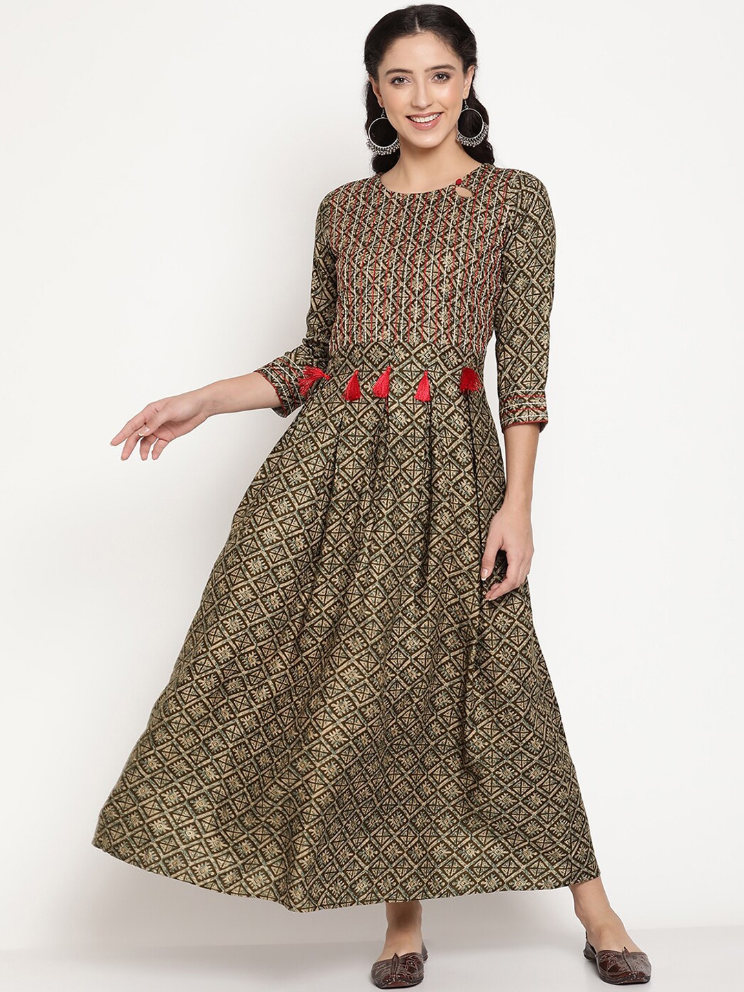 

Be Indi Ethnic Motifs Printed Keyhole Neck Maxi Ethnic Dress, Green