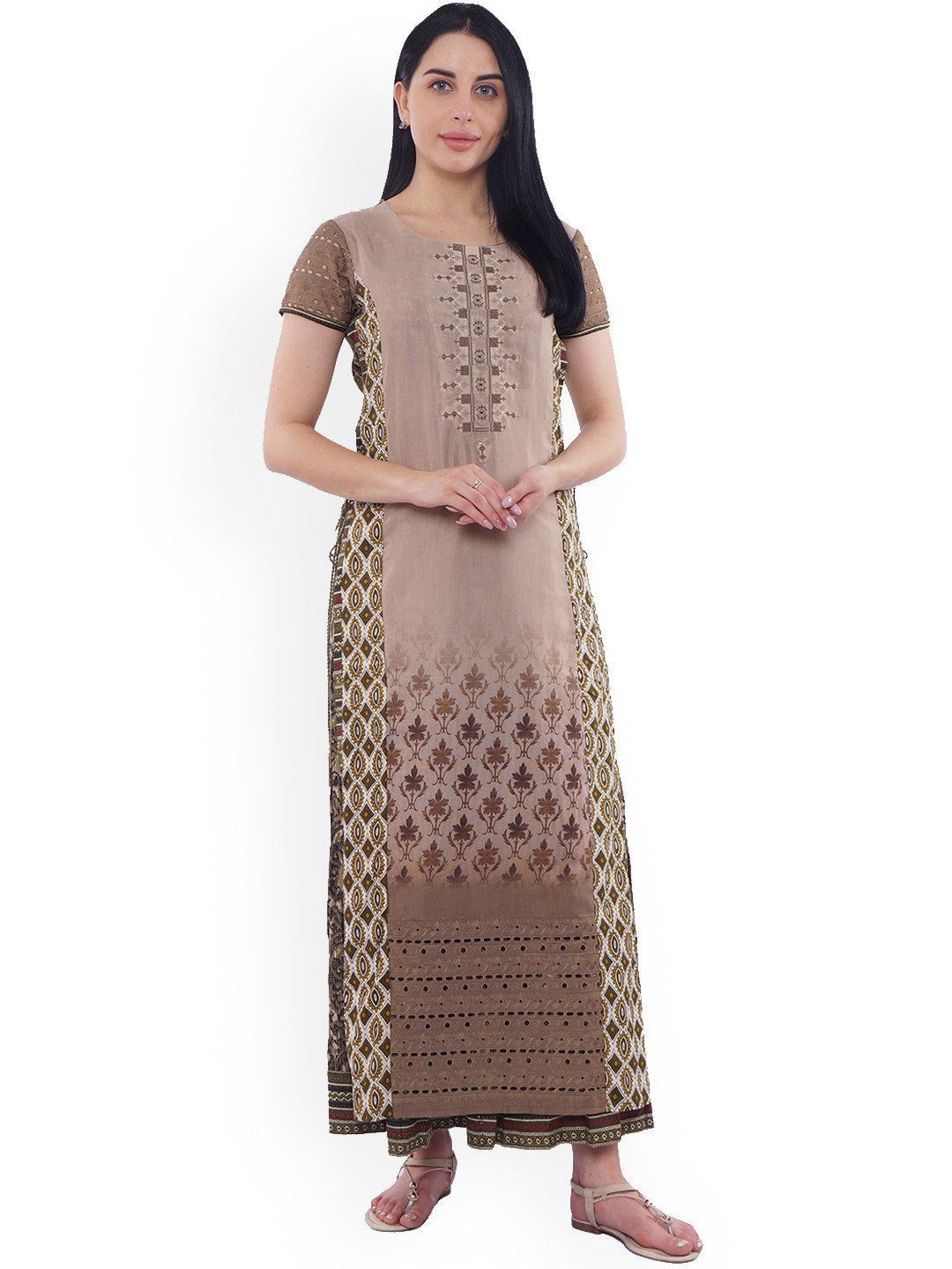 

Be Indi Ethnic Motifs Printed Layered Cotton Ethnic Dress, Beige