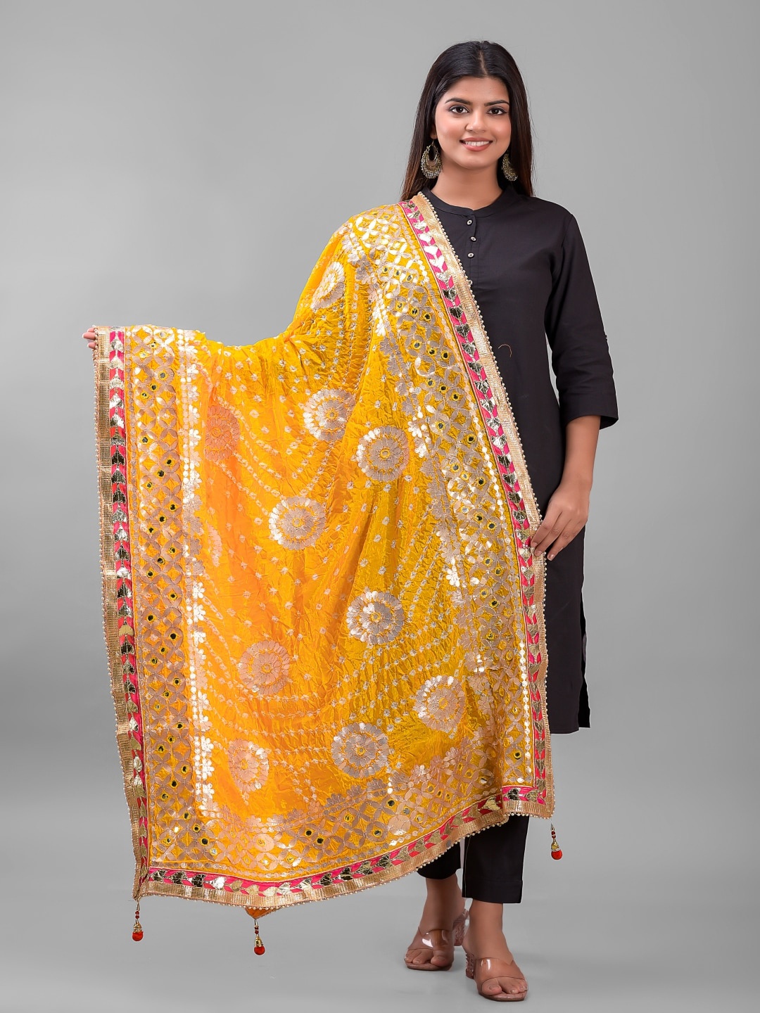 

Apratim Dyed Art Silk Bandhani Dupatta with Gotta Patti, Yellow