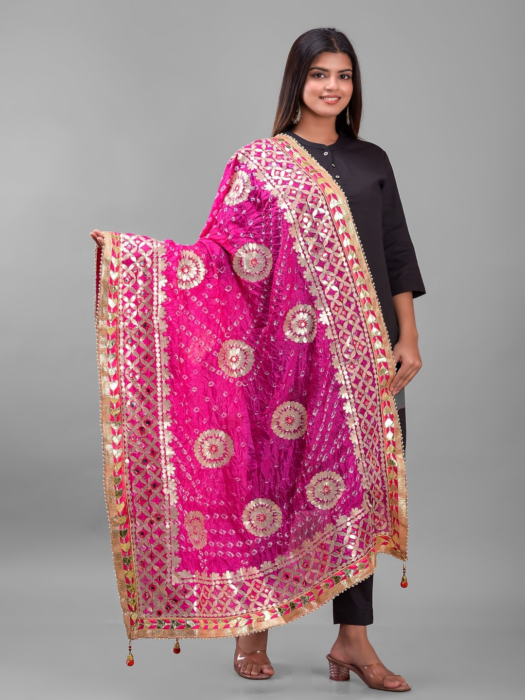 

Apratim Printed Art Silk Bandhani Dupatta with Gotta Patti, Pink