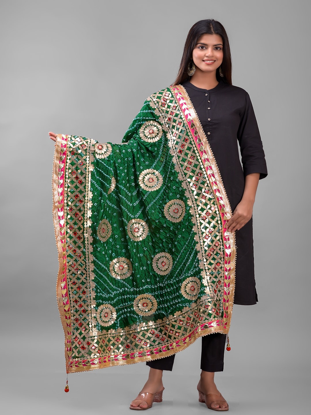 

Apratim Dyed Art Silk Bandhani Dupatta with Gotta Patti, Green