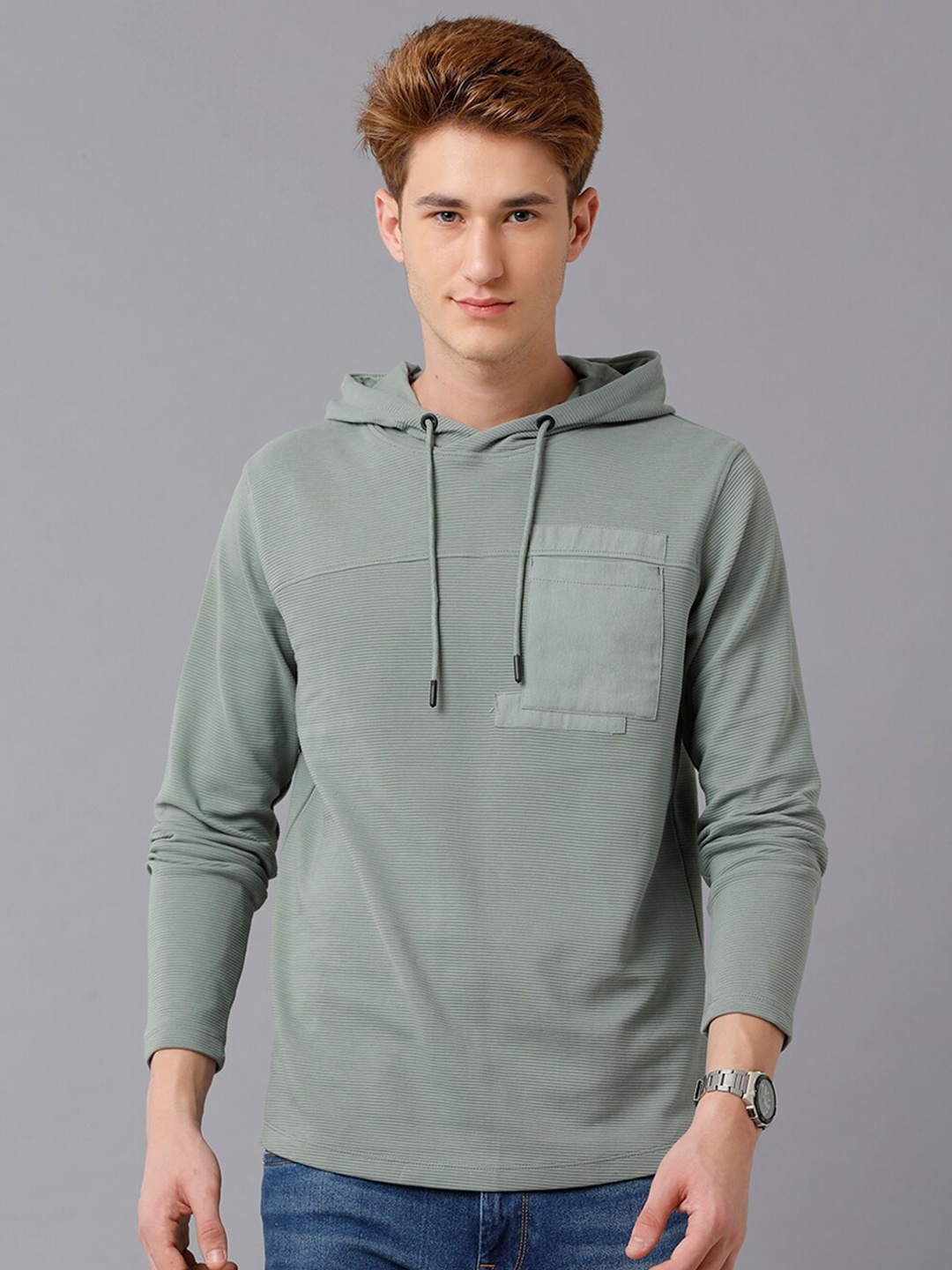 

Voi Jeans Men Striped Hooded Neck T-shirt, Green