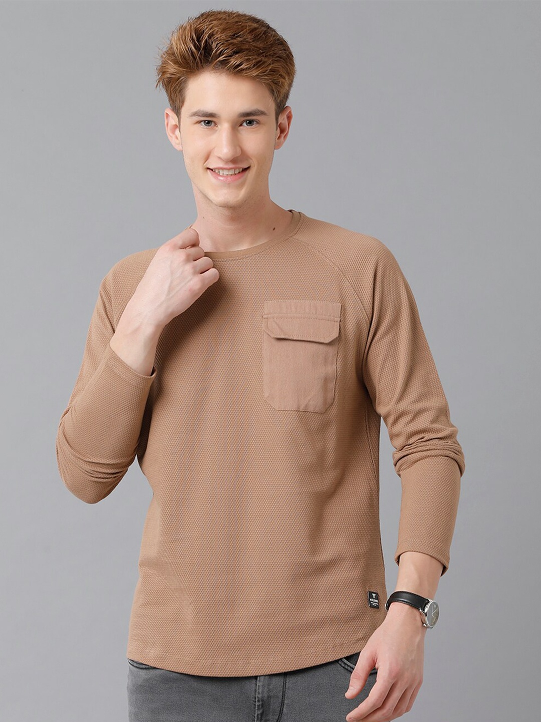 

Voi Jeans Men Round Neck Regular Fit Cotton T-shirt, Beige