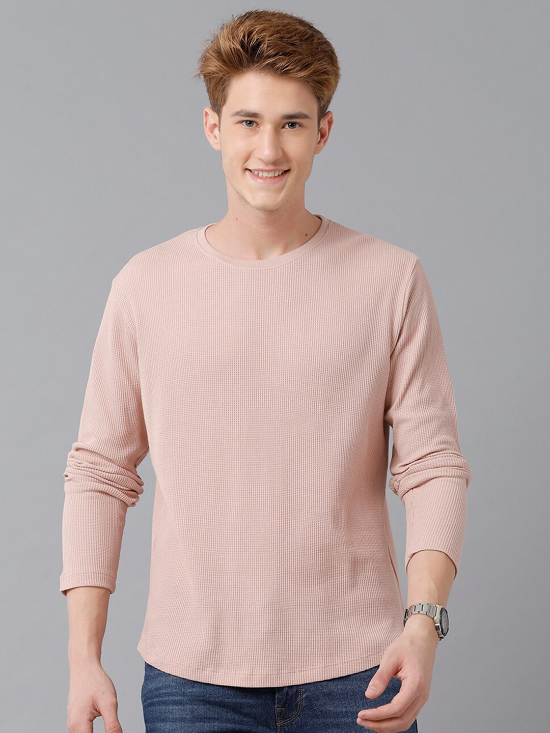 

Voi Jeans Men Self Design Regular Fit Round Neck T-shirt, Peach