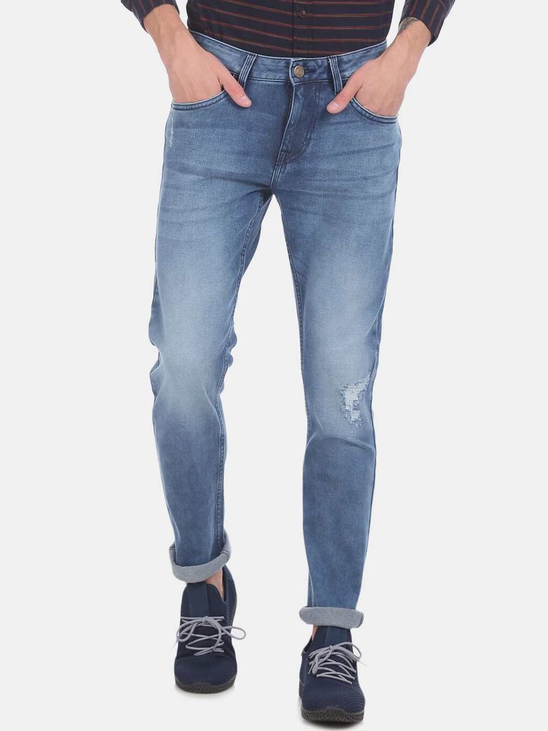 

V-Mart Men Cotton Regular Fit Low Distress Jeans, Blue