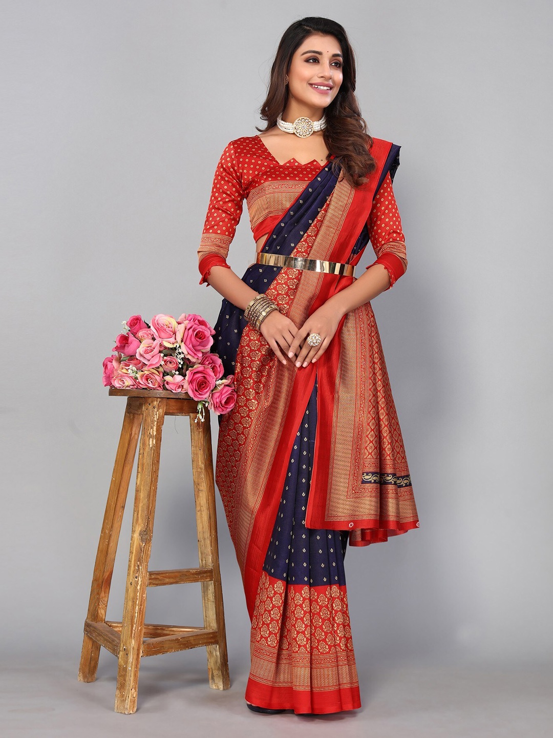 

Yashika Navy Blue & Red Floral Art Silk Saree