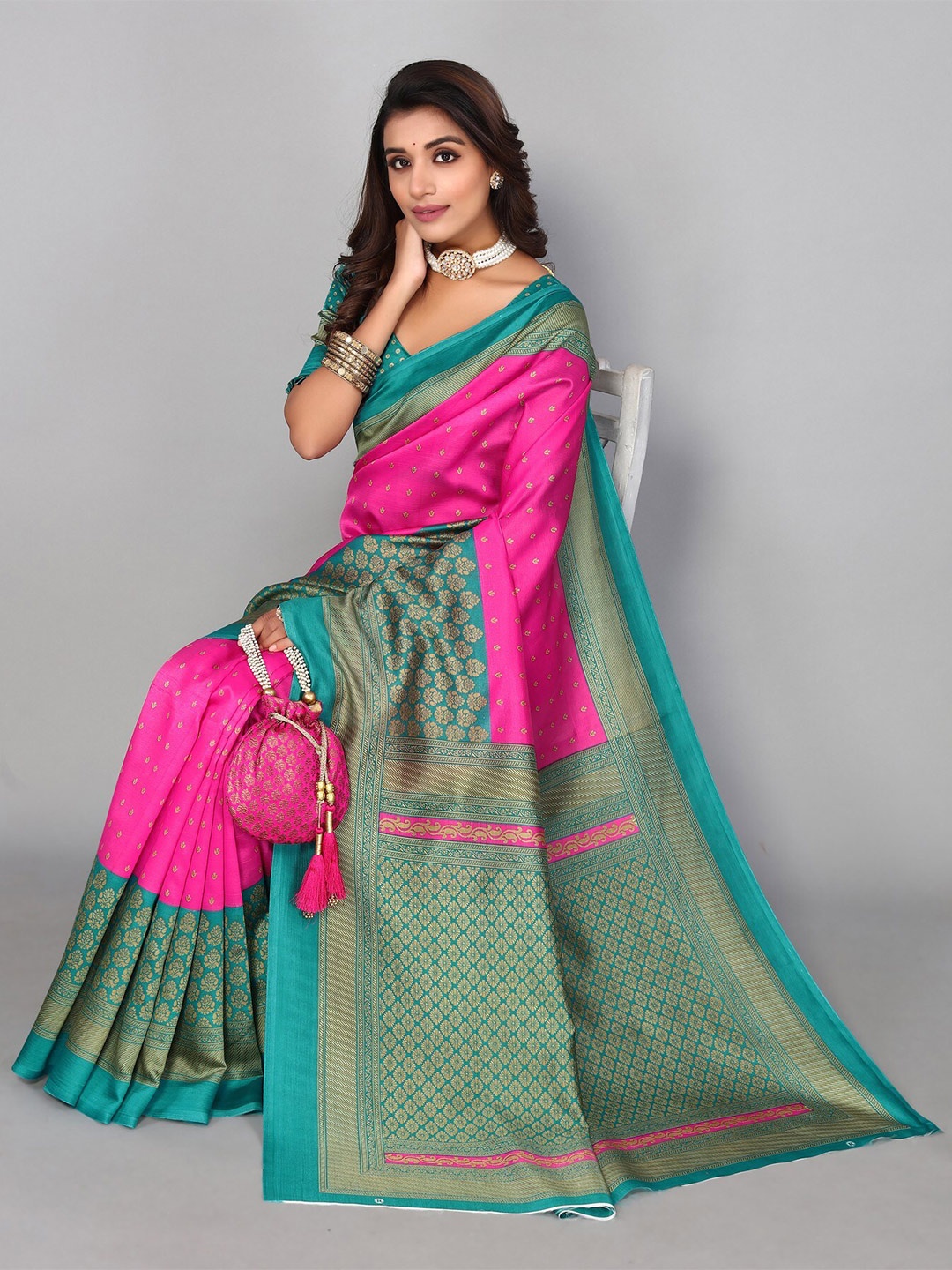 

Yashika Ethnic Motifs Art Silk Saree With Blouse Piece, Pink