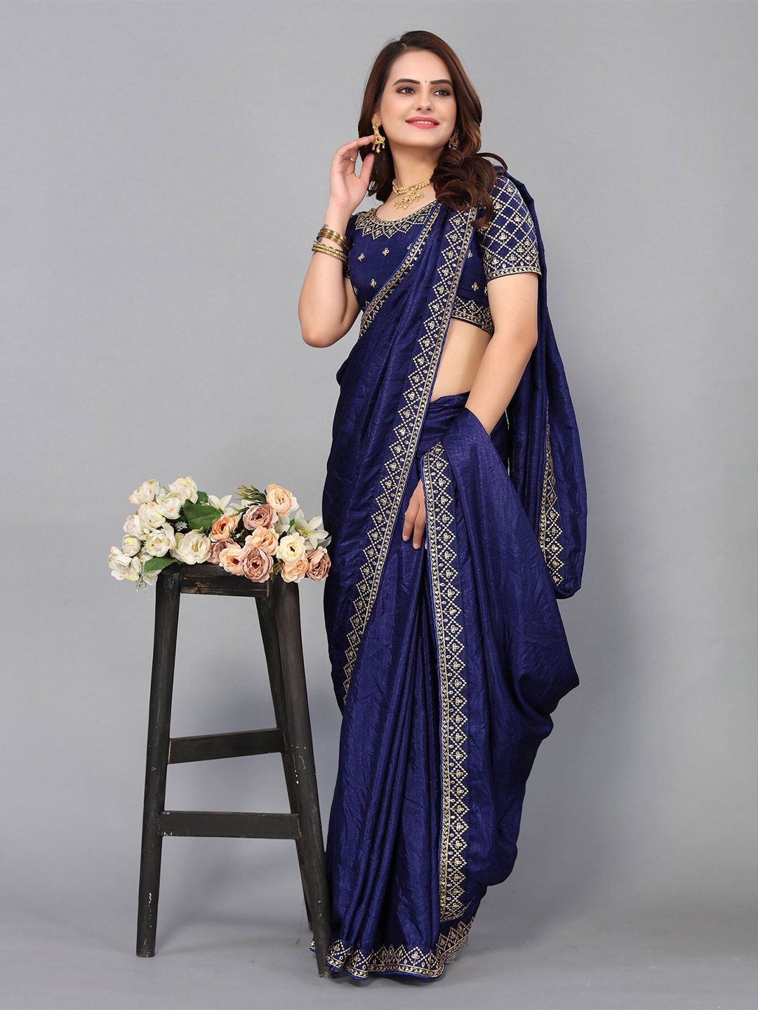 

Yashika Embroidered Art Silk Saree With Blouse Piece, Navy blue