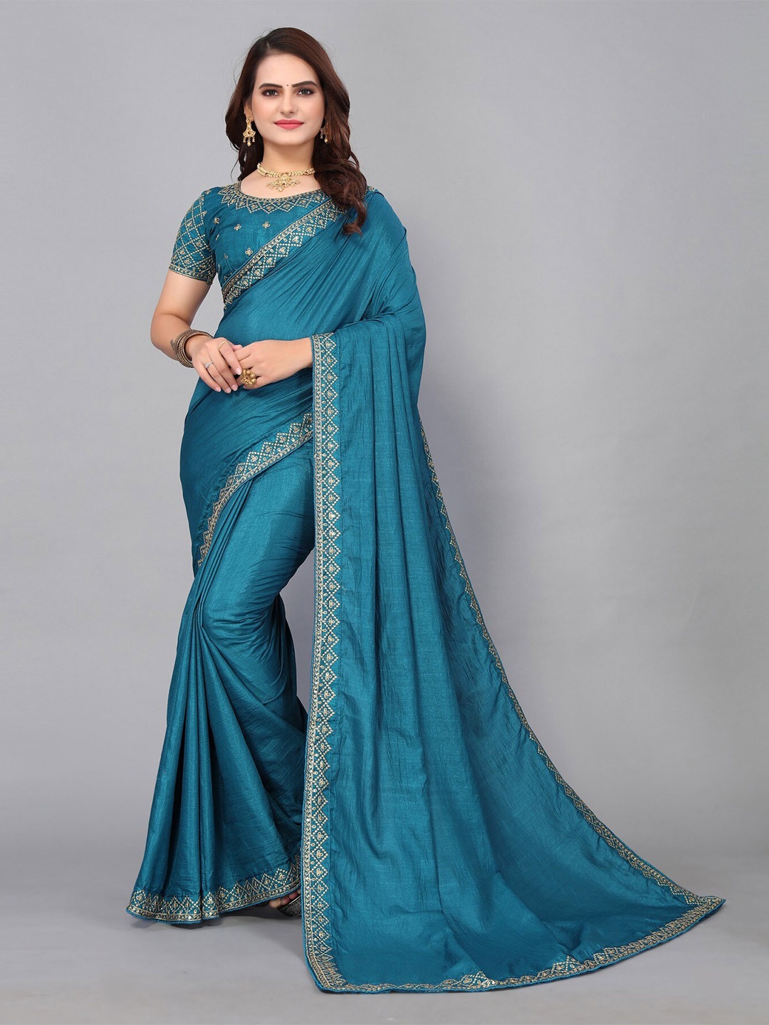 

Yashika Embroidered Art Silk Saree With Blouse Piece, Teal
