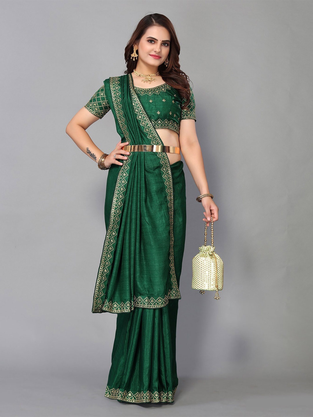 

Yashika Embroidered Bordered Art Silk Saree, Green