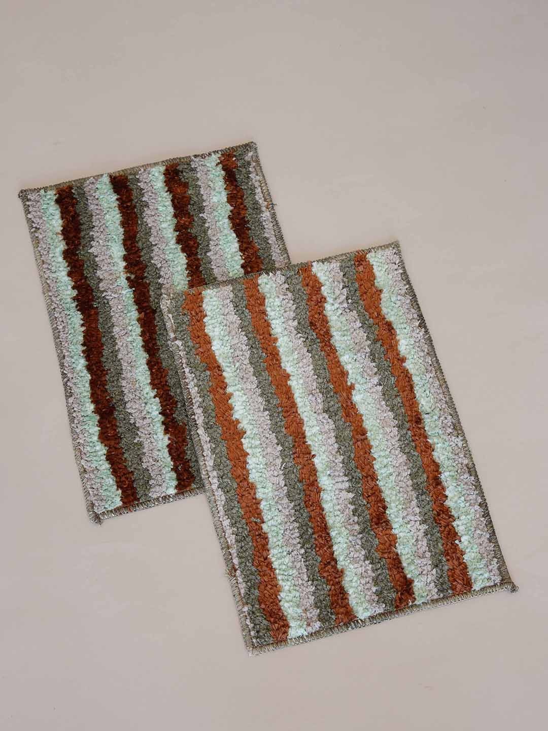 

Ariana 2-Pcs Olive-Green & Rust-Orange Striped Microfibre 1600 GSM Anti-Skid Bath Rugs