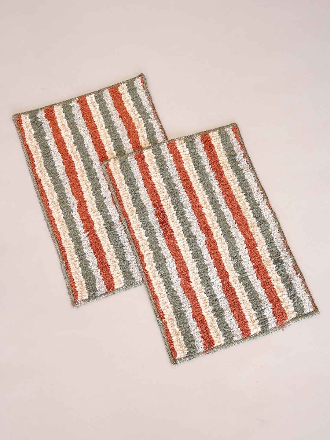 

Ariana 2 Pcs Cream-Coloured & Orange Striped 1600 GSM Microfibre Anti-Skid Bath Rugs