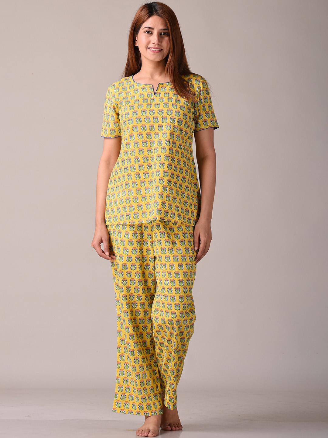 

KANNAHI Women Floral Printed Pure Cotton Top & Pyjama Night Suit, Yellow