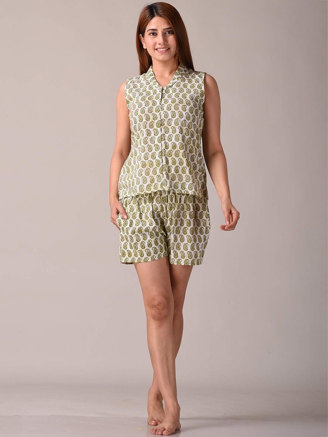 

KANNAHI Women Printed Pure Cotton Night suit, Olive