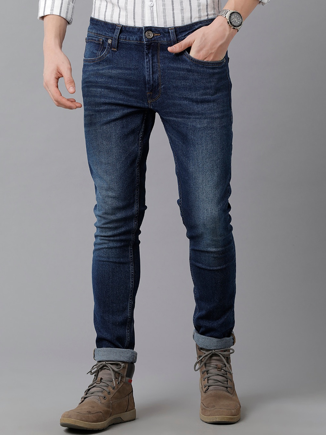 

Voi Jeans Men Skinny Fit Mid-Rise Stretchable Jeans, Navy blue